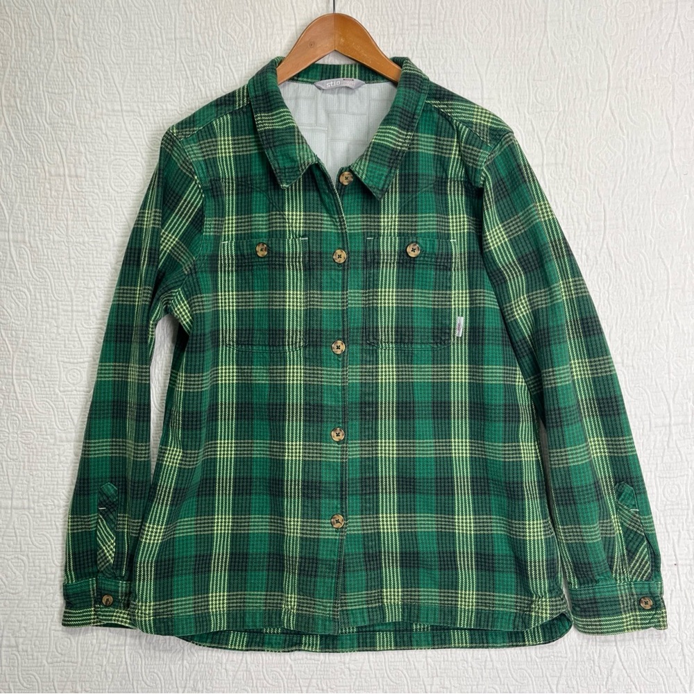 Stio Hutkeeper Heavyweight Flannel Shirt Women Size XL Herbage Green Plaid Top